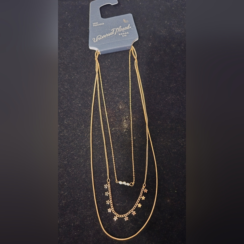 Gold tone 3 Strand Necklace, Pearl & Star Details, New With Tags
